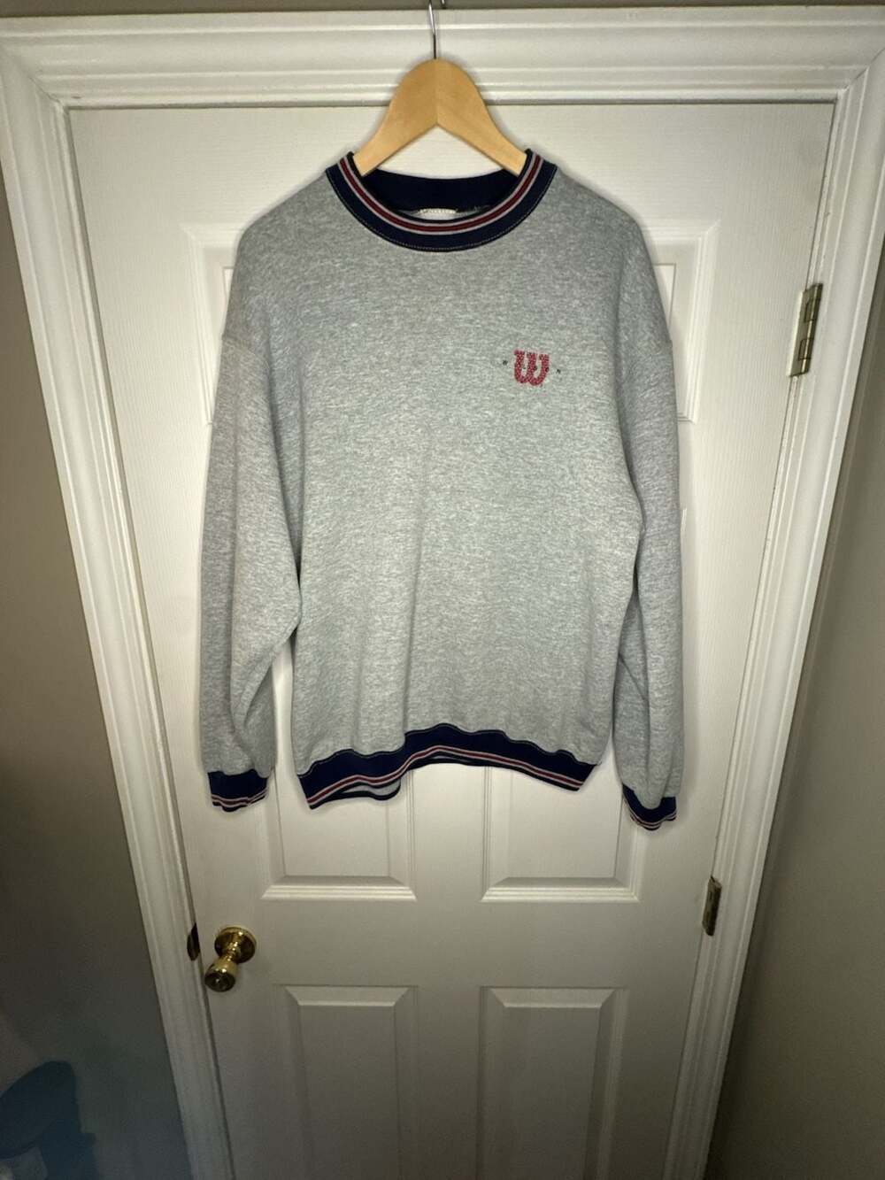 Vintage 90s Wilson Grey Striped Crewneck Sweatshirt Made in USA Size L